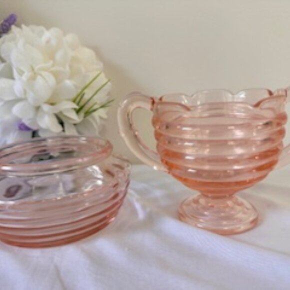 Vintage Duncan & Miller Pink Ripple Glass Sugar Bowl‎ and Trinket Dish – Elegant - Picture 1 of 5